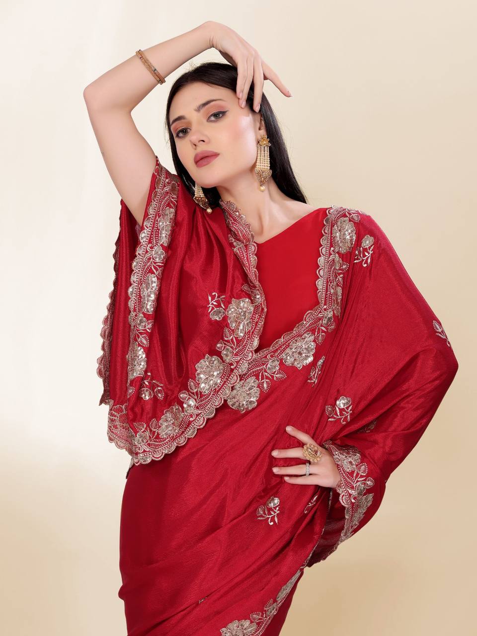 Beautiful Red Chinon Silk Saree Collection.