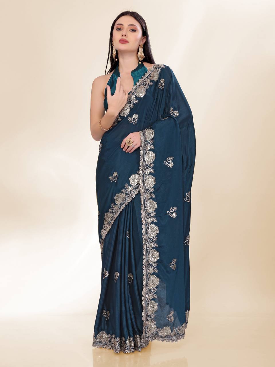 Latest Trendy Designer Blue Chinon Silk Saree Collection.