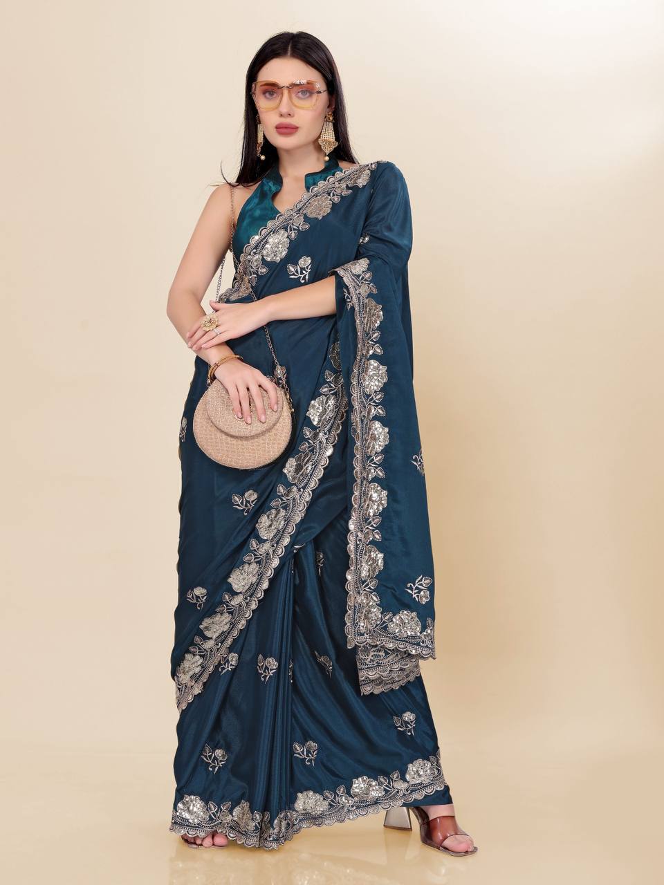 Latest Trendy Designer Blue Chinon Silk Saree Collection.