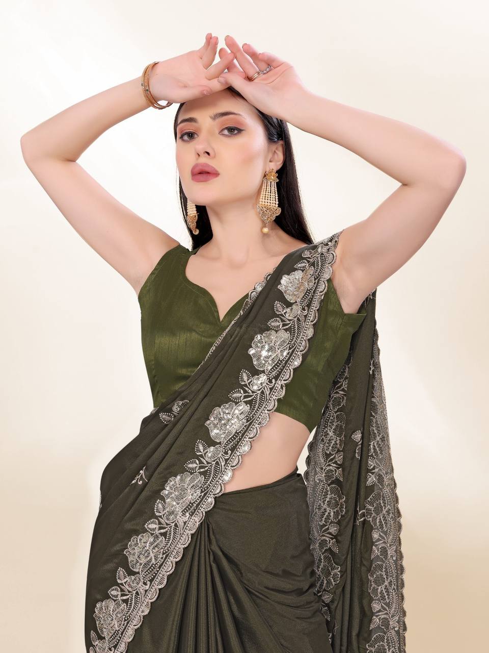 Mehendi Color Chinon Silk Saree Collection.