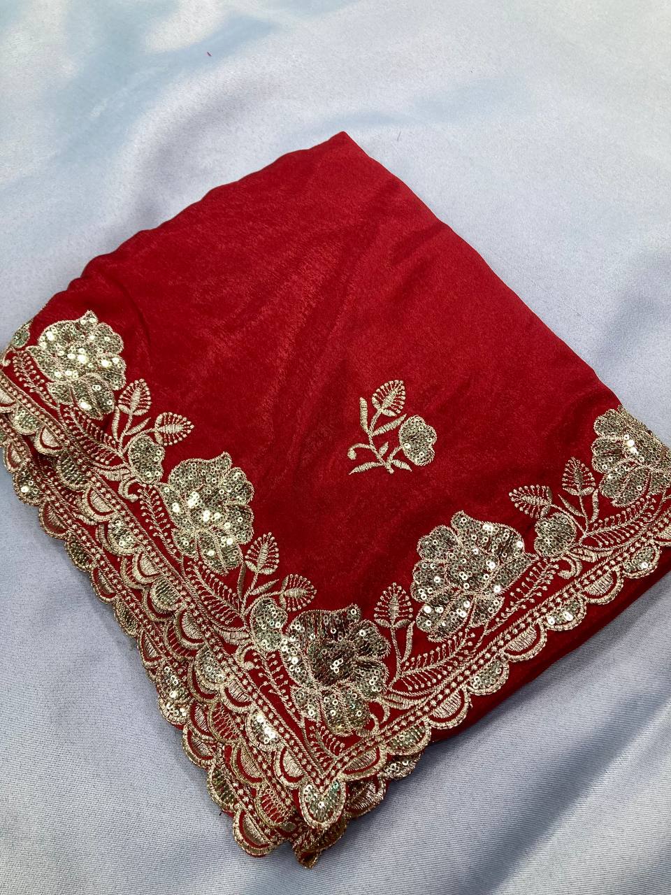 Beautiful Red Chinon Silk Saree Collection.
