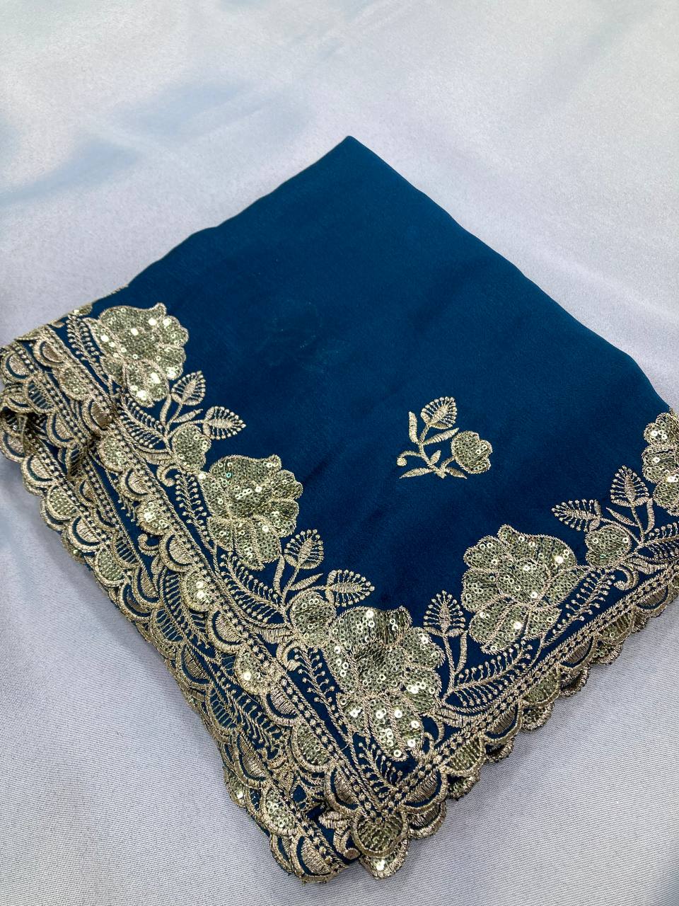 Latest Trendy Designer Blue Chinon Silk Saree Collection.