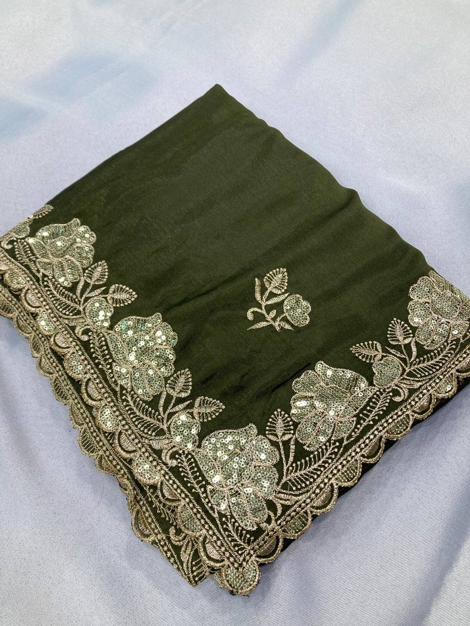 Mehendi Color Chinon Silk Saree Collection.
