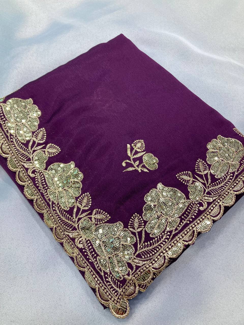 Dark Purple Pretty Designer Chinon Silk Saree Collection.