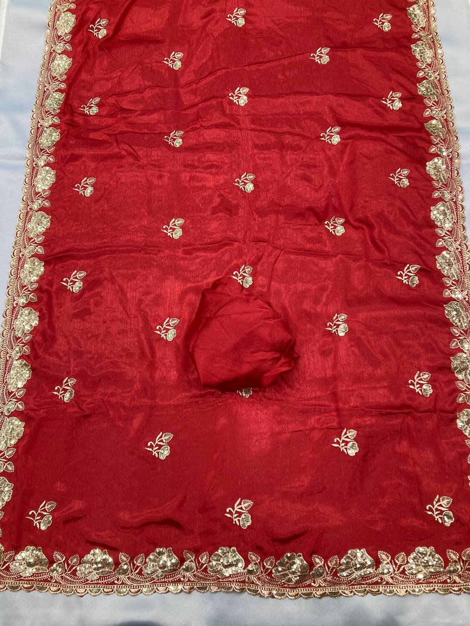 Beautiful Red Chinon Silk Saree Collection.