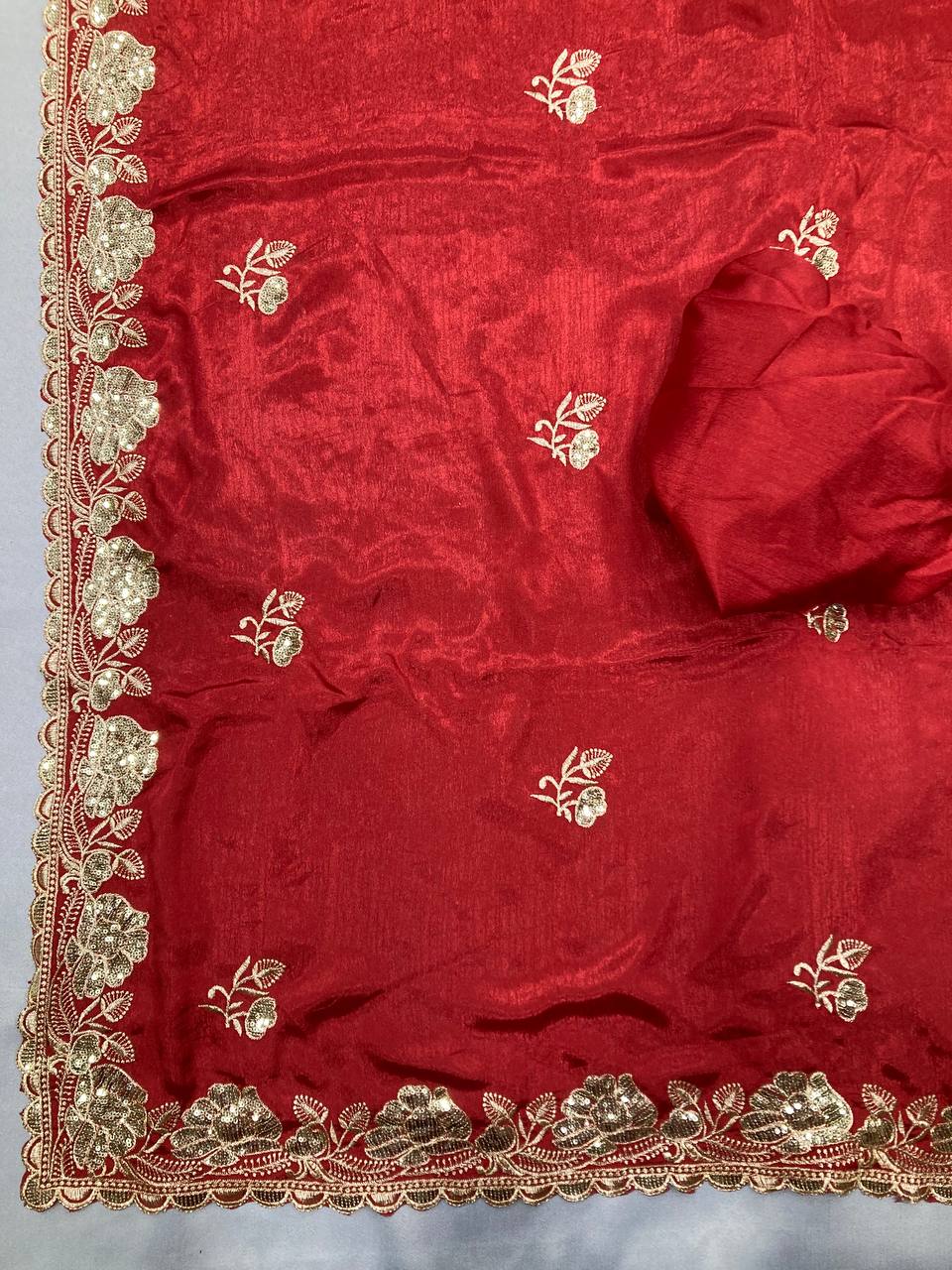 Beautiful Red Chinon Silk Saree Collection.