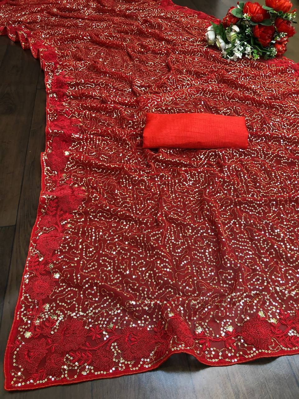 Sequence Party Wear Heavy Georgette Red Saree.