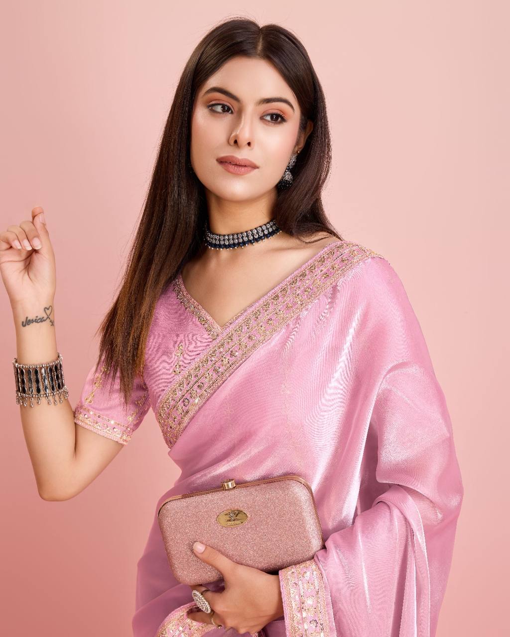 Party Wear Designer Pink Color Premium Soft Zimmy Chu Silk Saree.