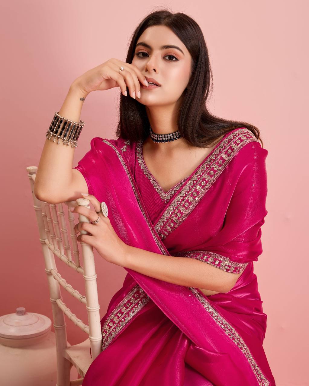 Designer Dark Pink Color Premium Soft Zimmy Chu Silk Saree.