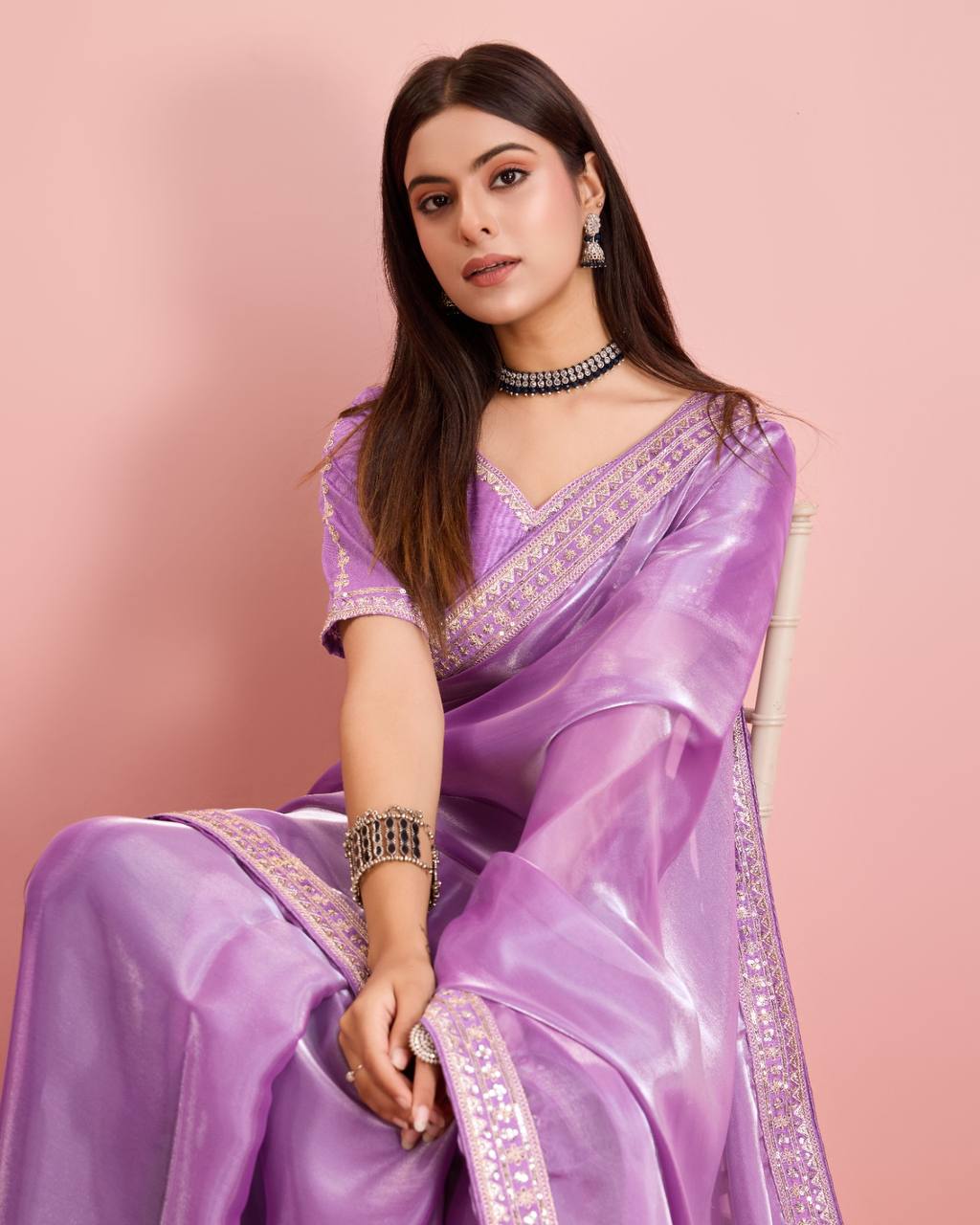 Impressive Designer Lavender Color Premium Soft Zimmy Chu Silk Saree.