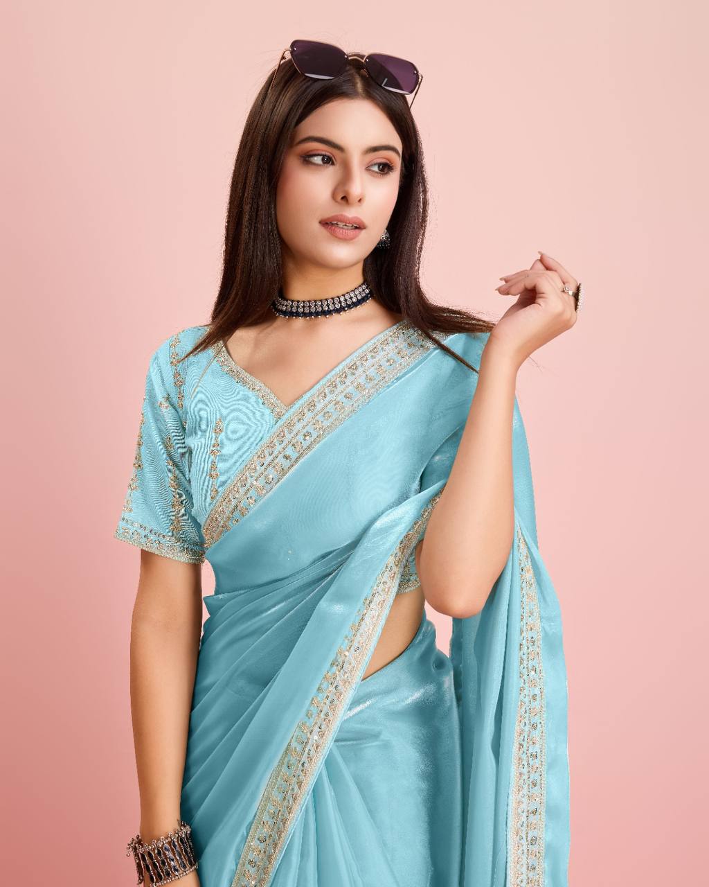Premium Designer Sky Blue Color Premium Soft Zimmy Chu Silk Saree.