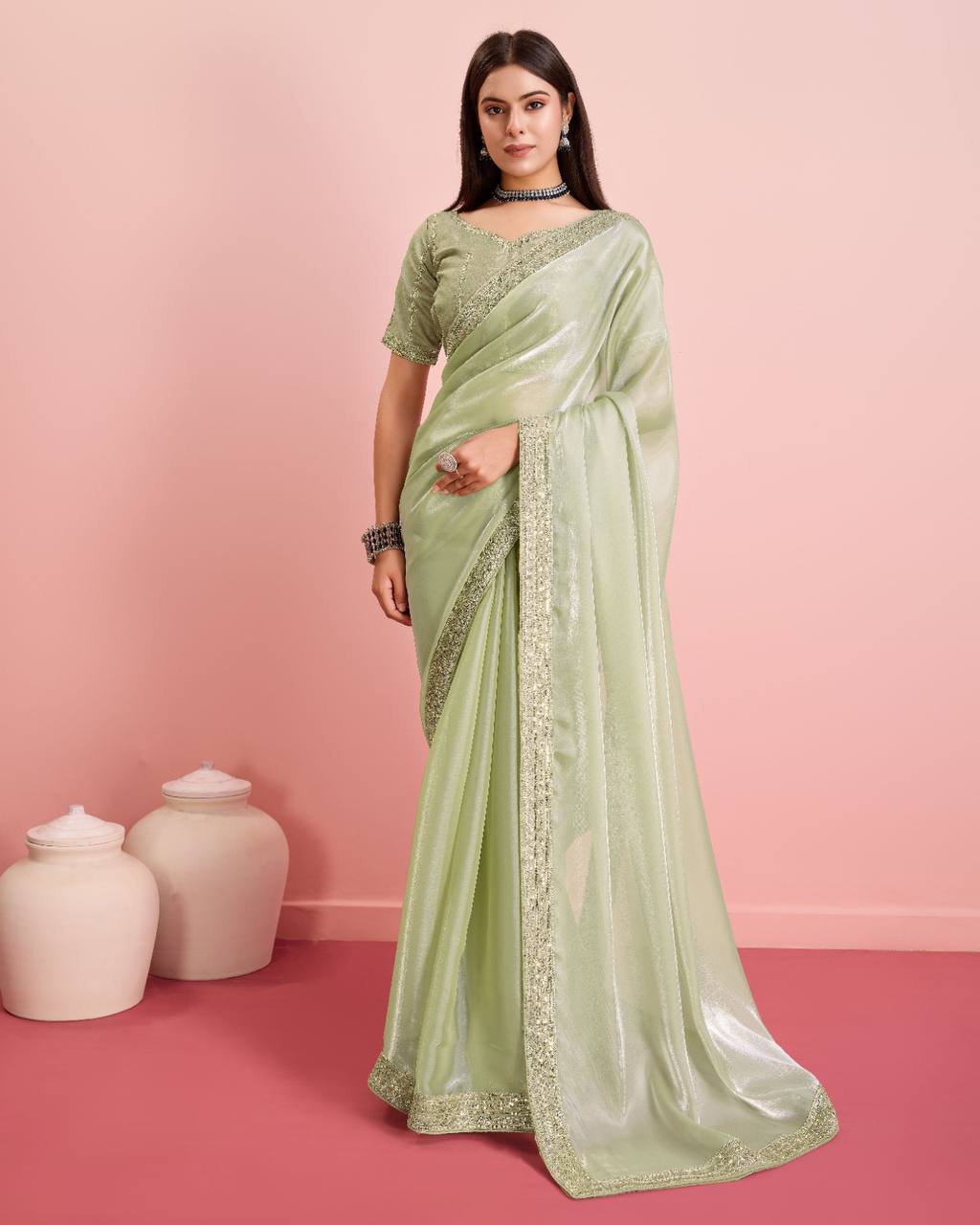 Premium Soft Zimmy Chu Silk Preety Pista Color Saree.