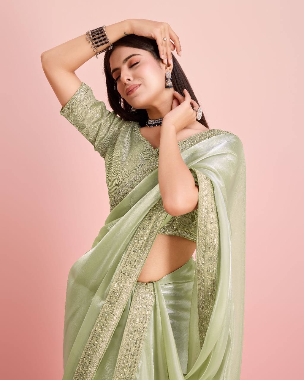 Premium Soft Zimmy Chu Silk Preety Pista Color Saree.