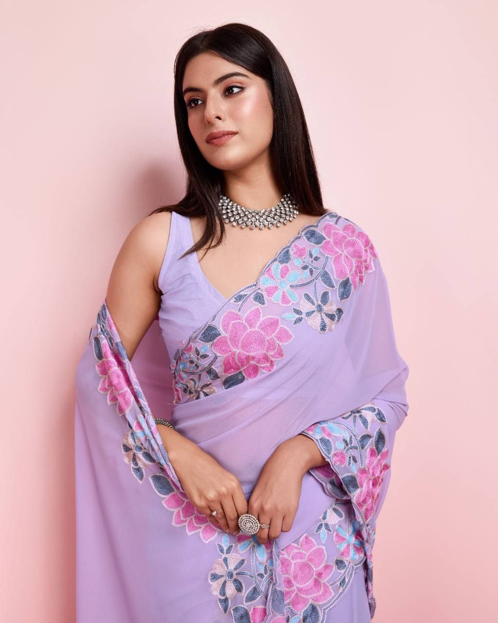 Attractive Designer Heavy Georgette Lavender Saree.
