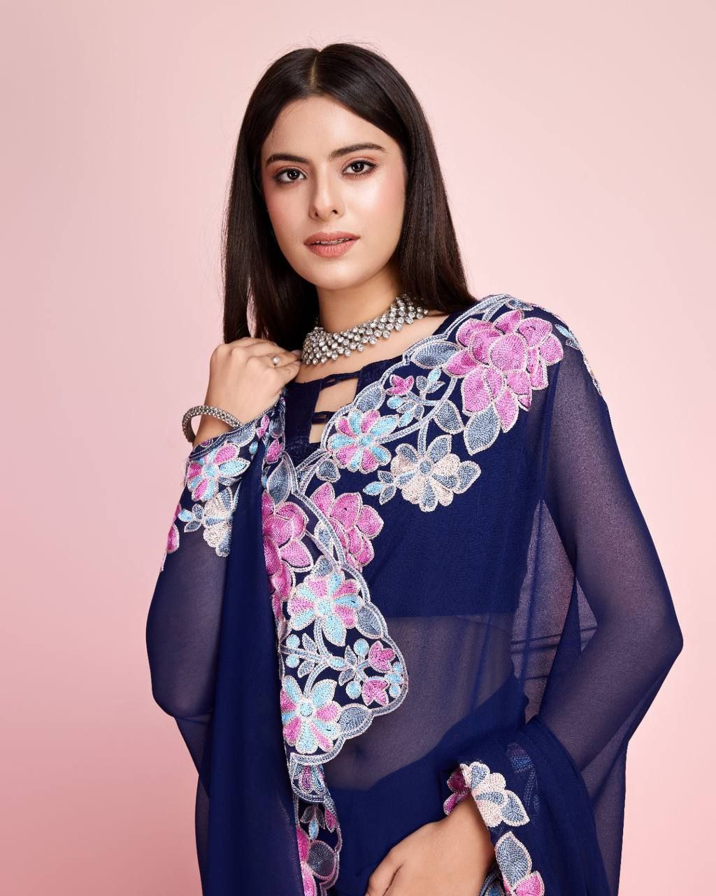 Occasins Wear Special Heavy Georgette Navy Blue Saree.