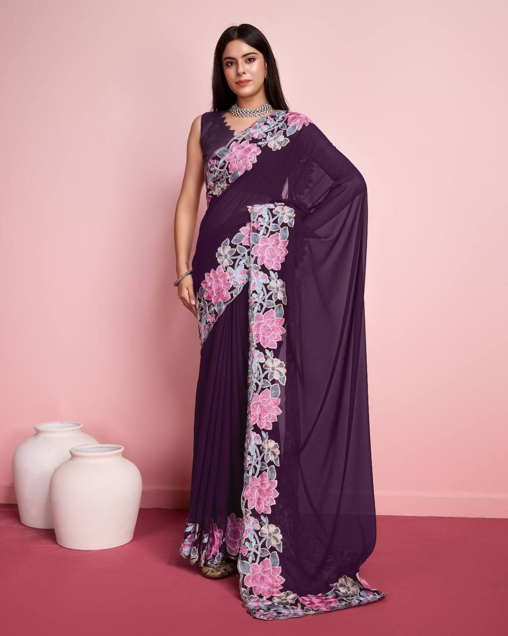 Elegant Preety Wine Color Heavy Georgette Saree.