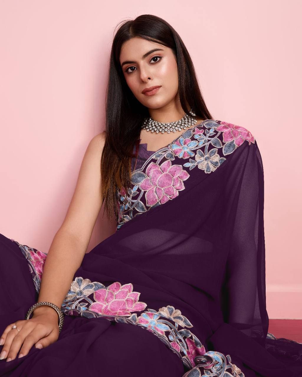 Elegant Preety Wine Color Heavy Georgette Saree.