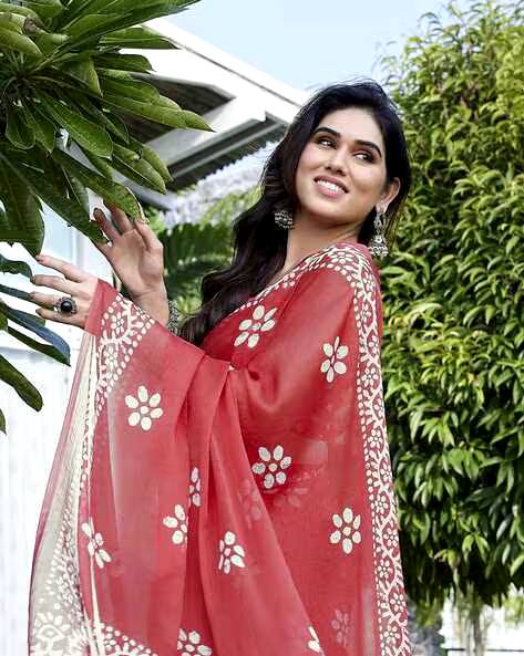 Latest New Chinon Silk With Batik Print Saree Collection.