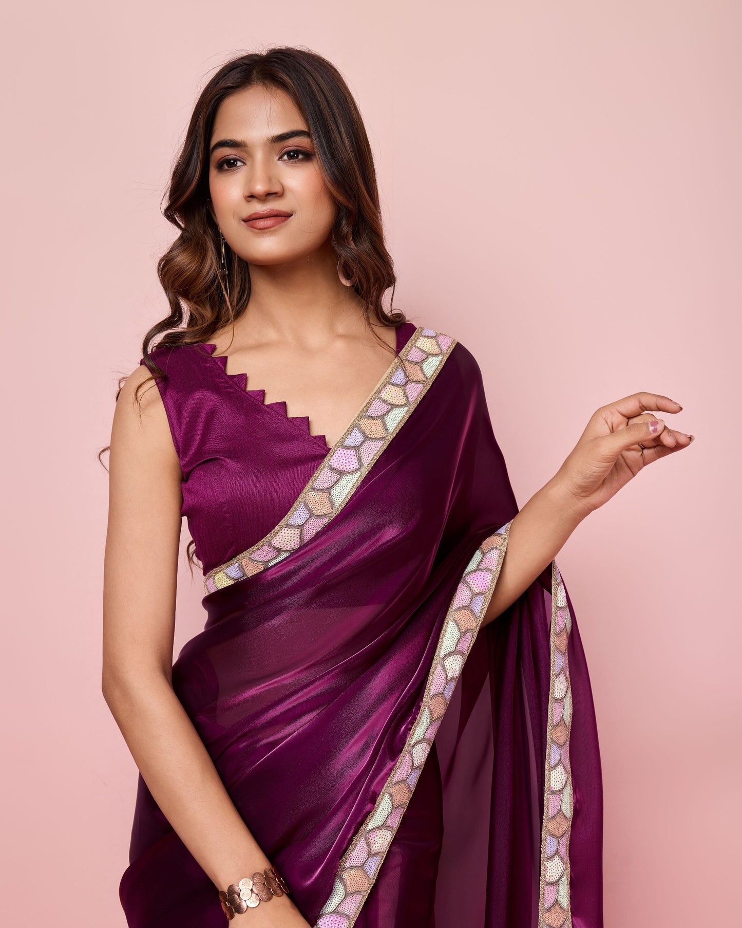 Beautiful Wine Colour Zimmy Choo Saree Collection.