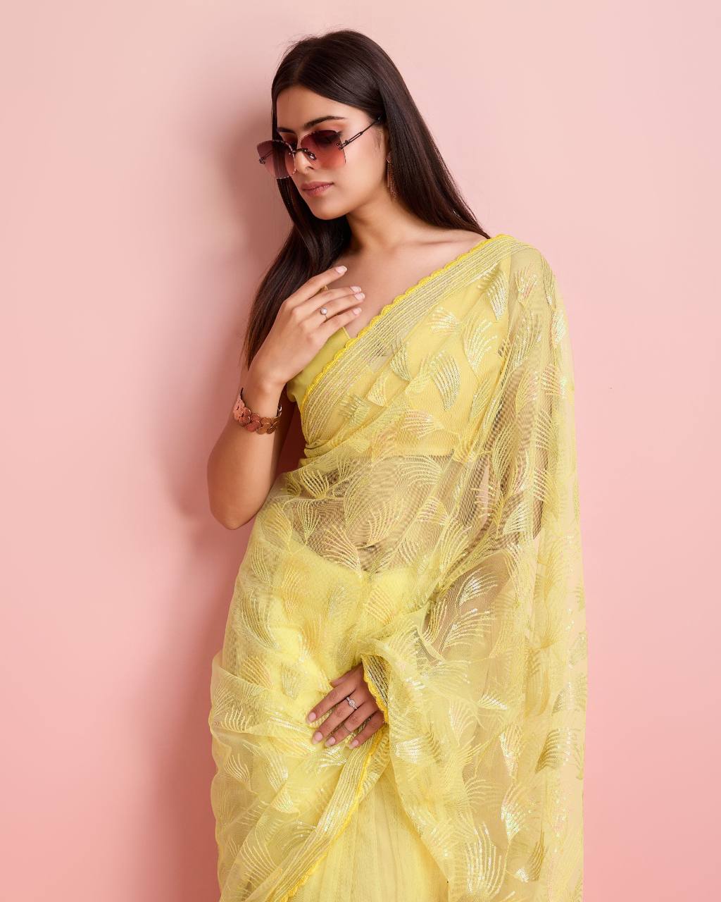 Preety Haldi Function Special Premium Heavy Soft Net Yellow Saree.