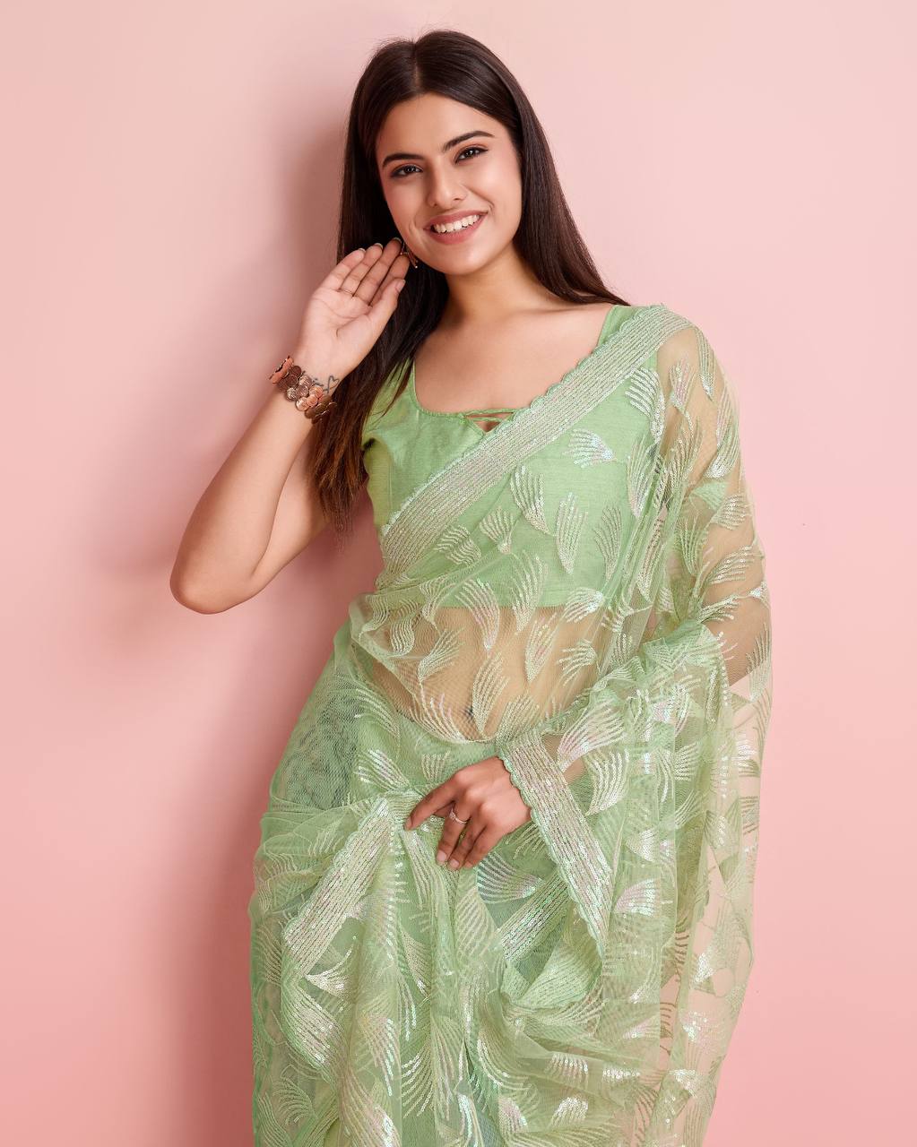 Excellent Designer New Premium Heavy Soft Net Beautiful Pista Color Saree.