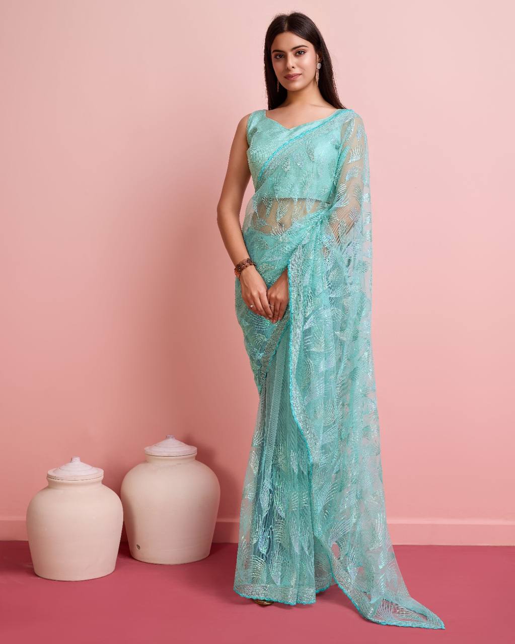 Elegant Light Sky Blue Premium Heavy Soft Net Saree.