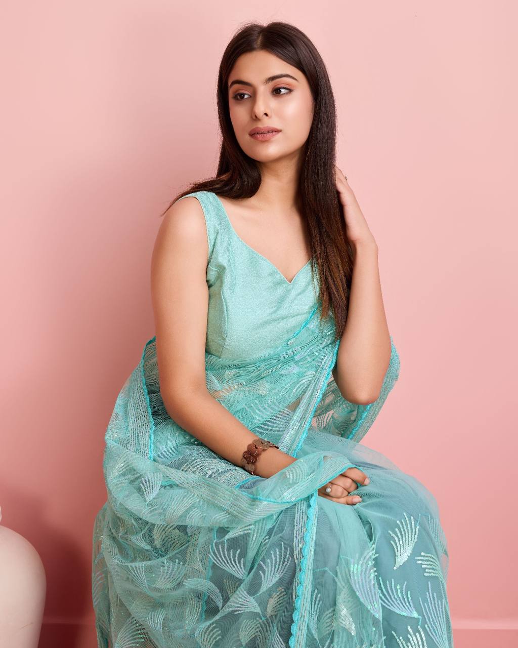 Elegant Light Sky Blue Premium Heavy Soft Net Saree.