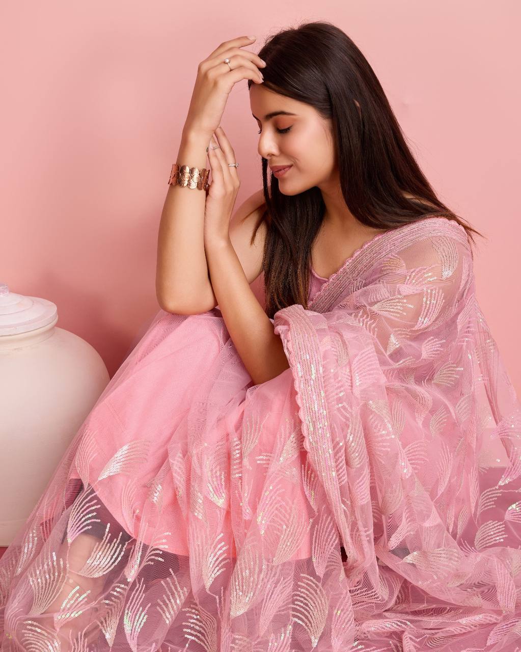 Gorgeous Premium Heavy Soft Net Pink Color Saree.
