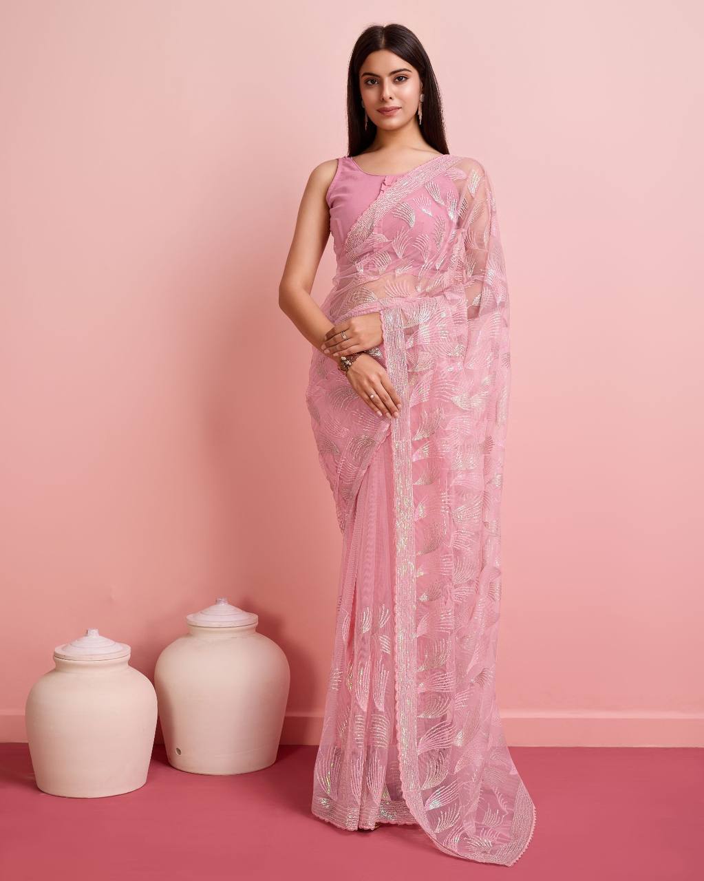 Gorgeous Premium Heavy Soft Net Pink Color Saree.