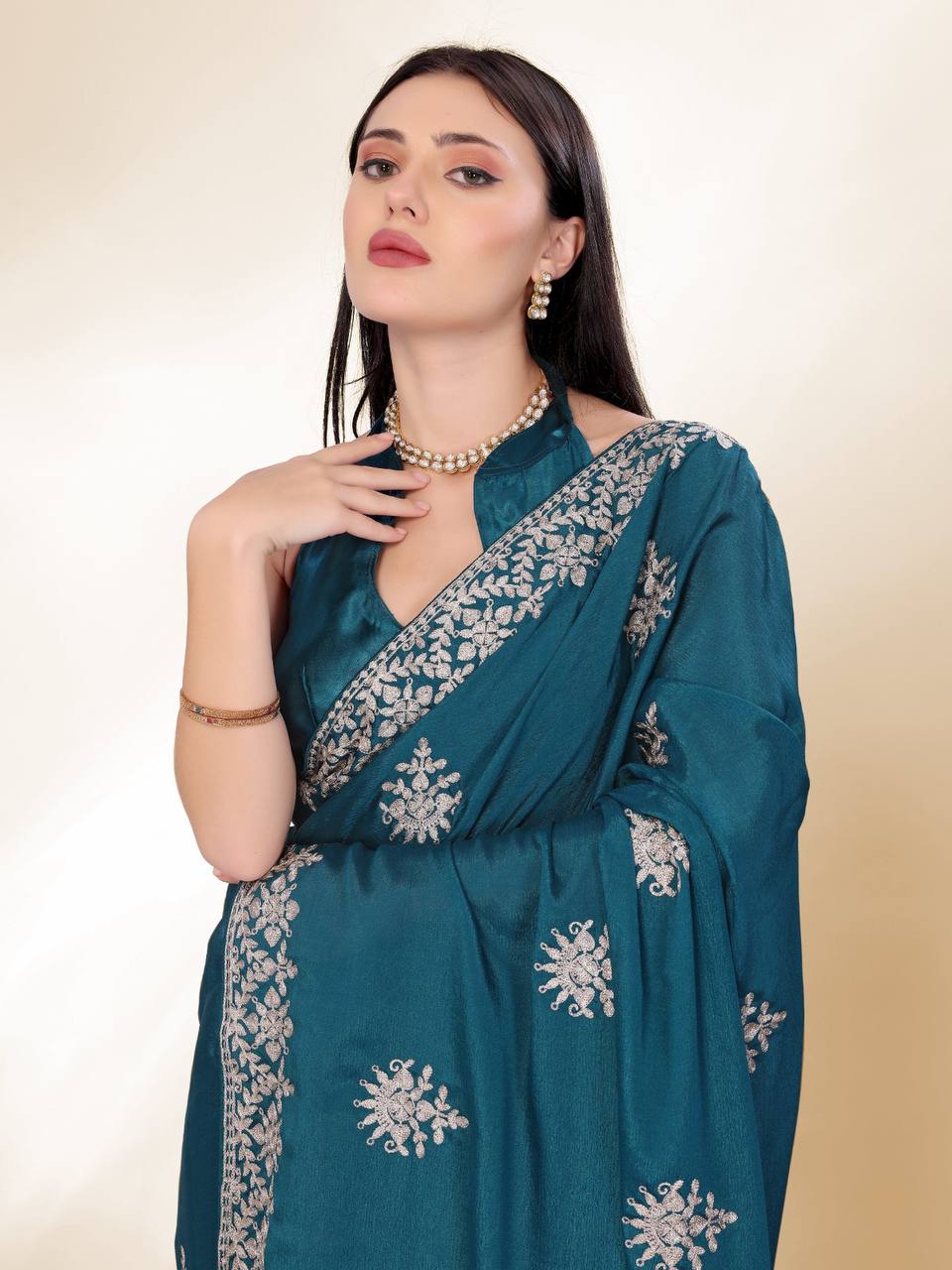 Festival Season Special Blue Chinon Silk Saree Collection.