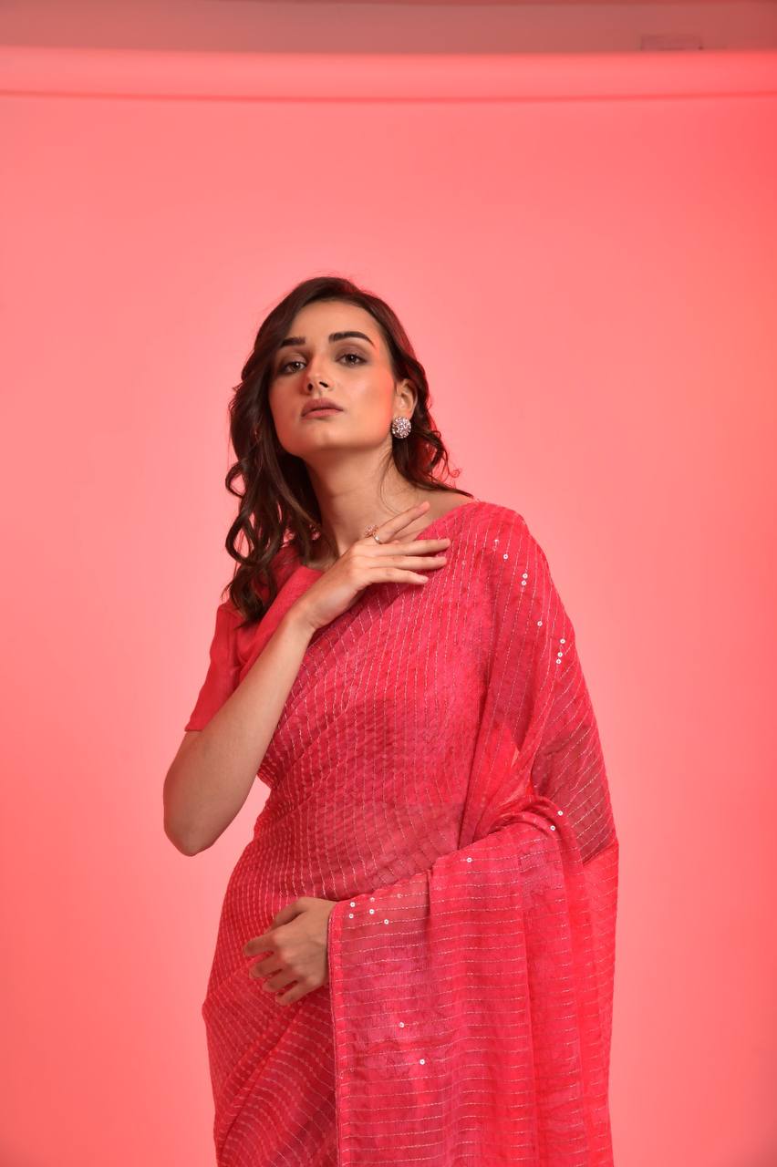 Gorgeous Look Pretty Pink Prijam Print Sequence Saree.