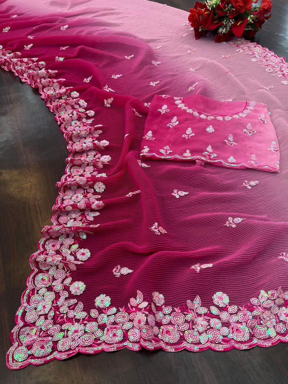 Pretty Light Dark Pink Shaded Heavy Georgette Saree Collection.
