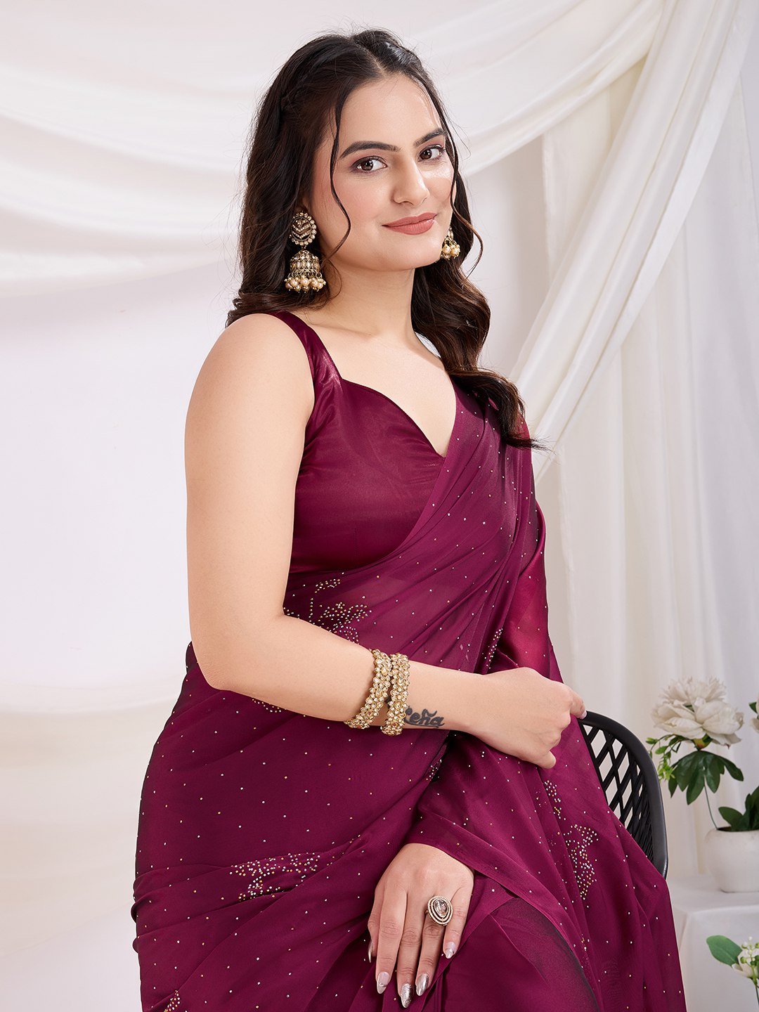 Beautiful Rani Pink Ready To Wear Saree Collection.