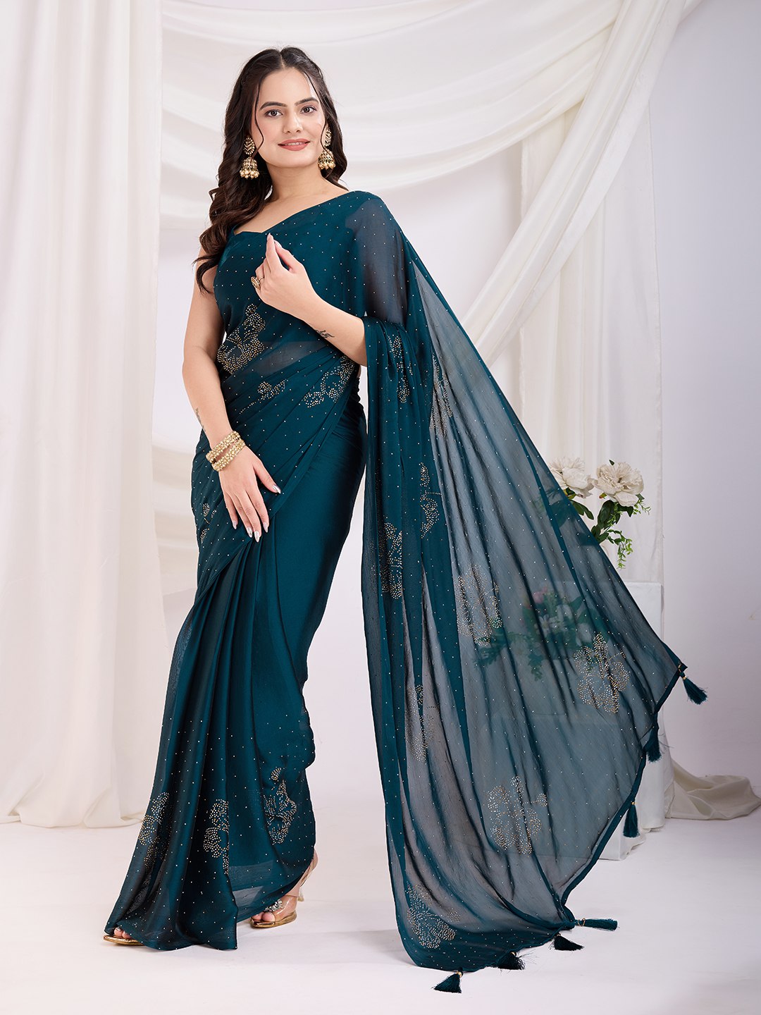 Teal Colour Ready To Wear Trendy Saree Collection.