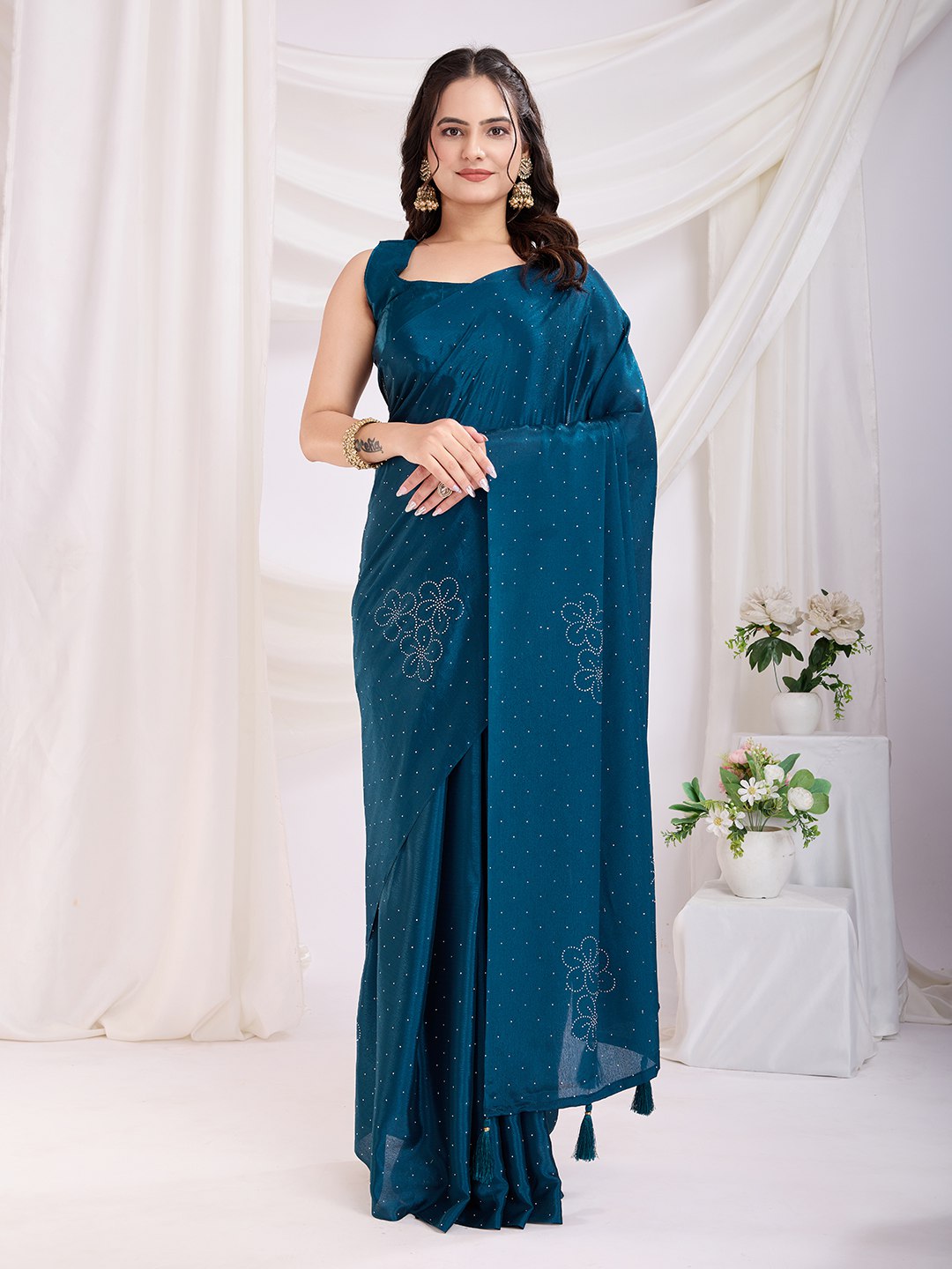 Teal Colour Trendy Designer Party Wear Readymade Saree Collection.