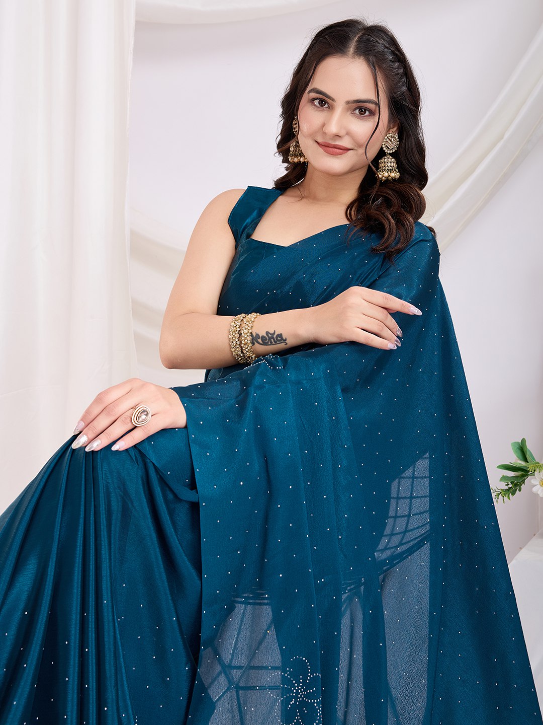 Teal Colour Trendy Designer Party Wear Readymade Saree Collection.