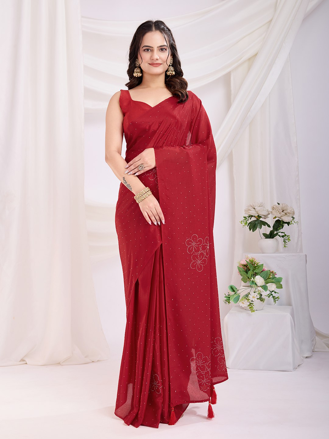 Most Beautiful Traditional Wear Special Red Ready To Wear Trendy Saree Collection.