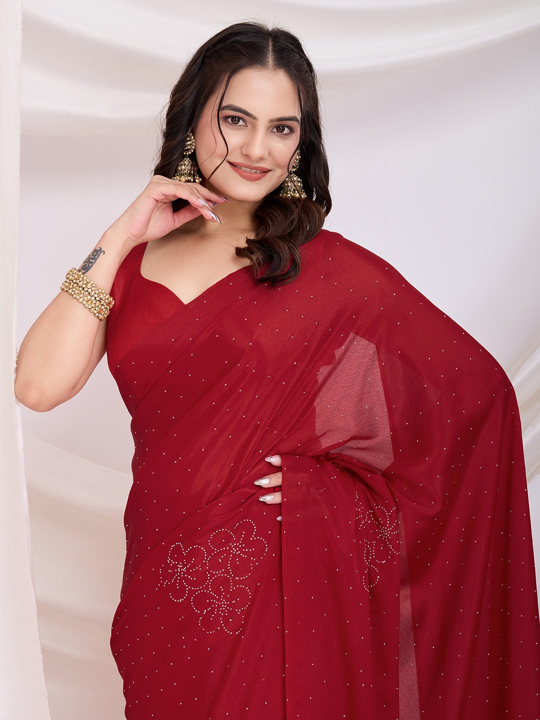 Most Beautiful Traditional Wear Special Red Ready To Wear Trendy Saree Collection.