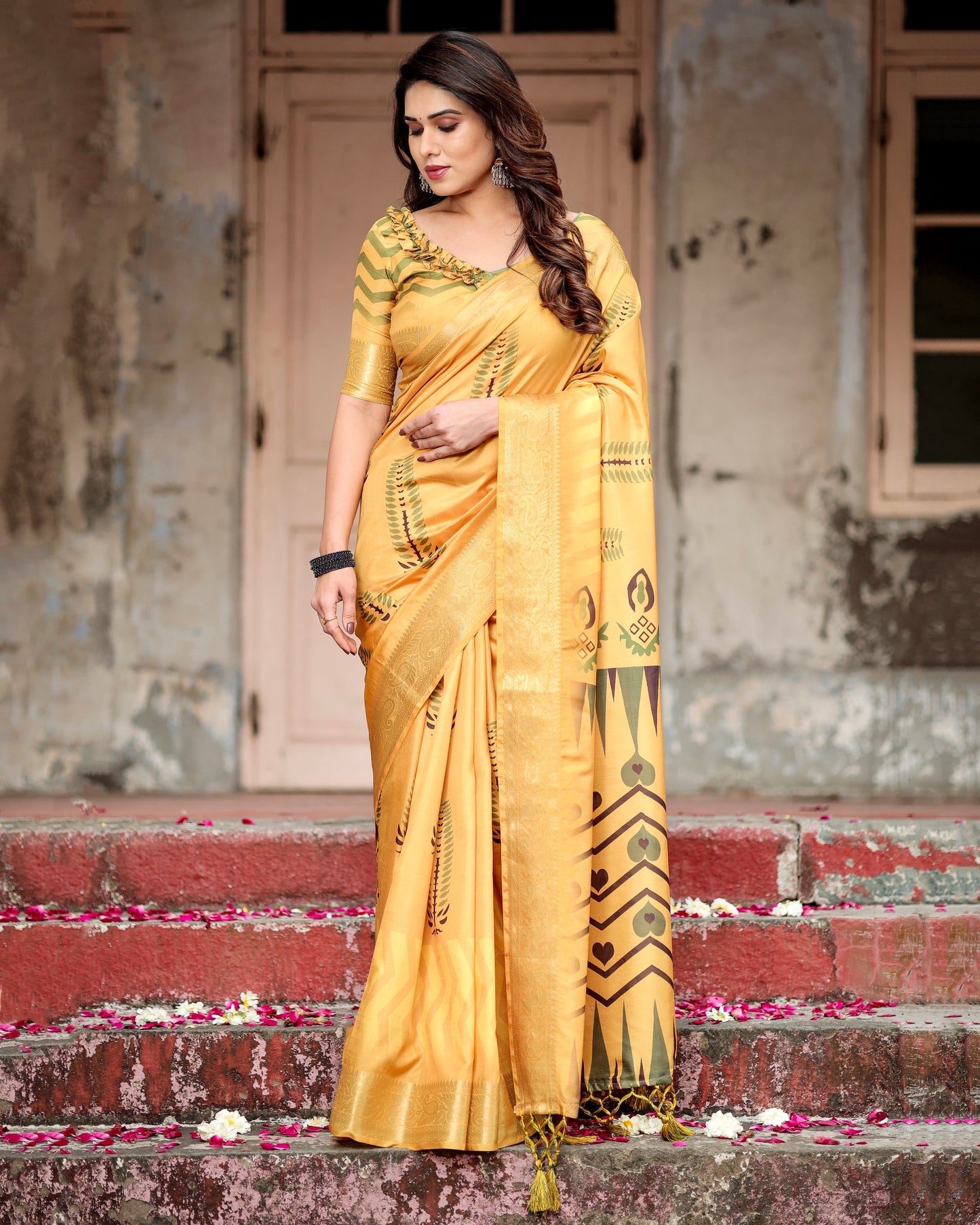 Pure Silk Yellow Color Digital Printed Haldi Occasions Wear Special Saree.