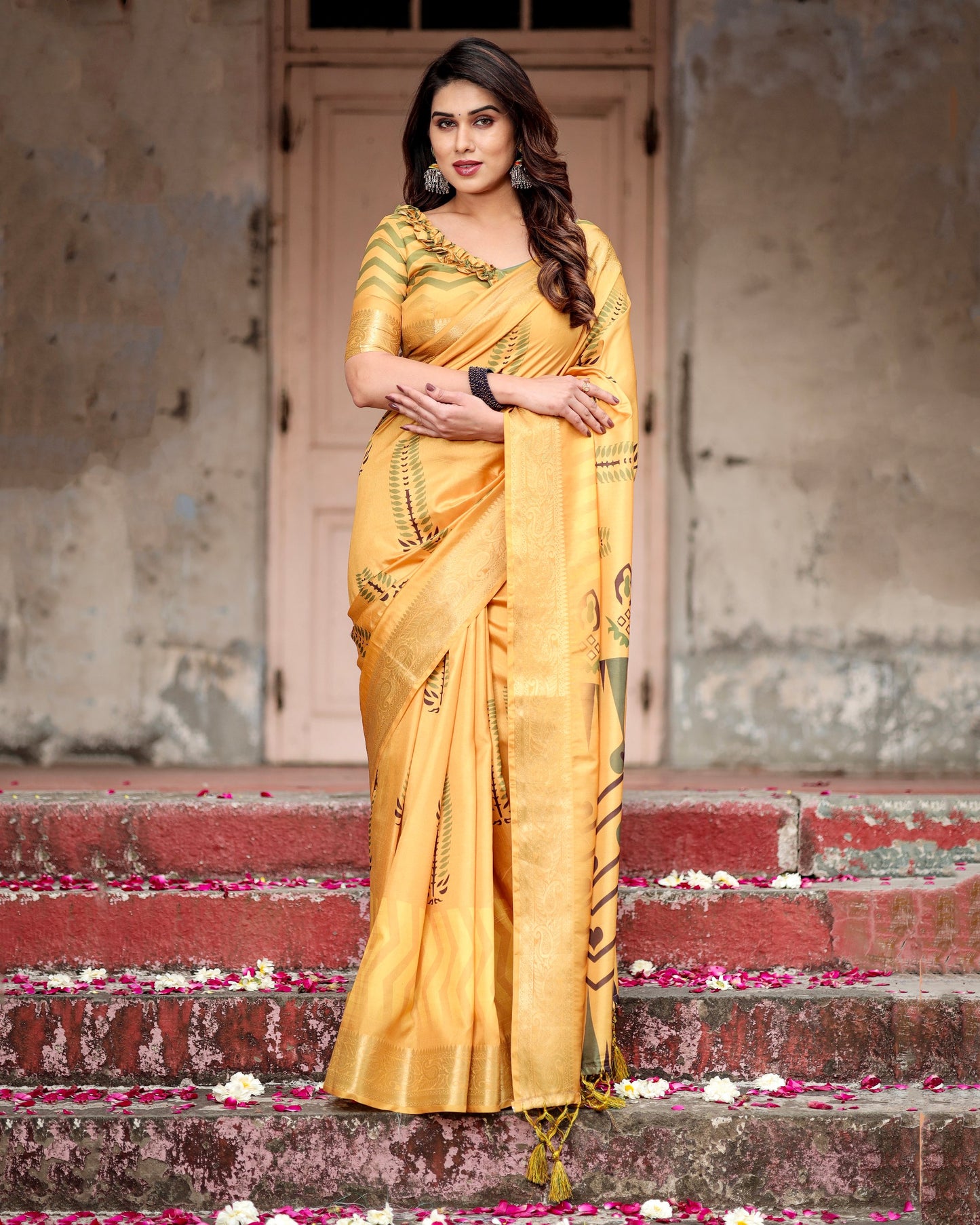 Pure Silk Yellow Color Digital Printed Haldi Occasions Wear Special Saree.