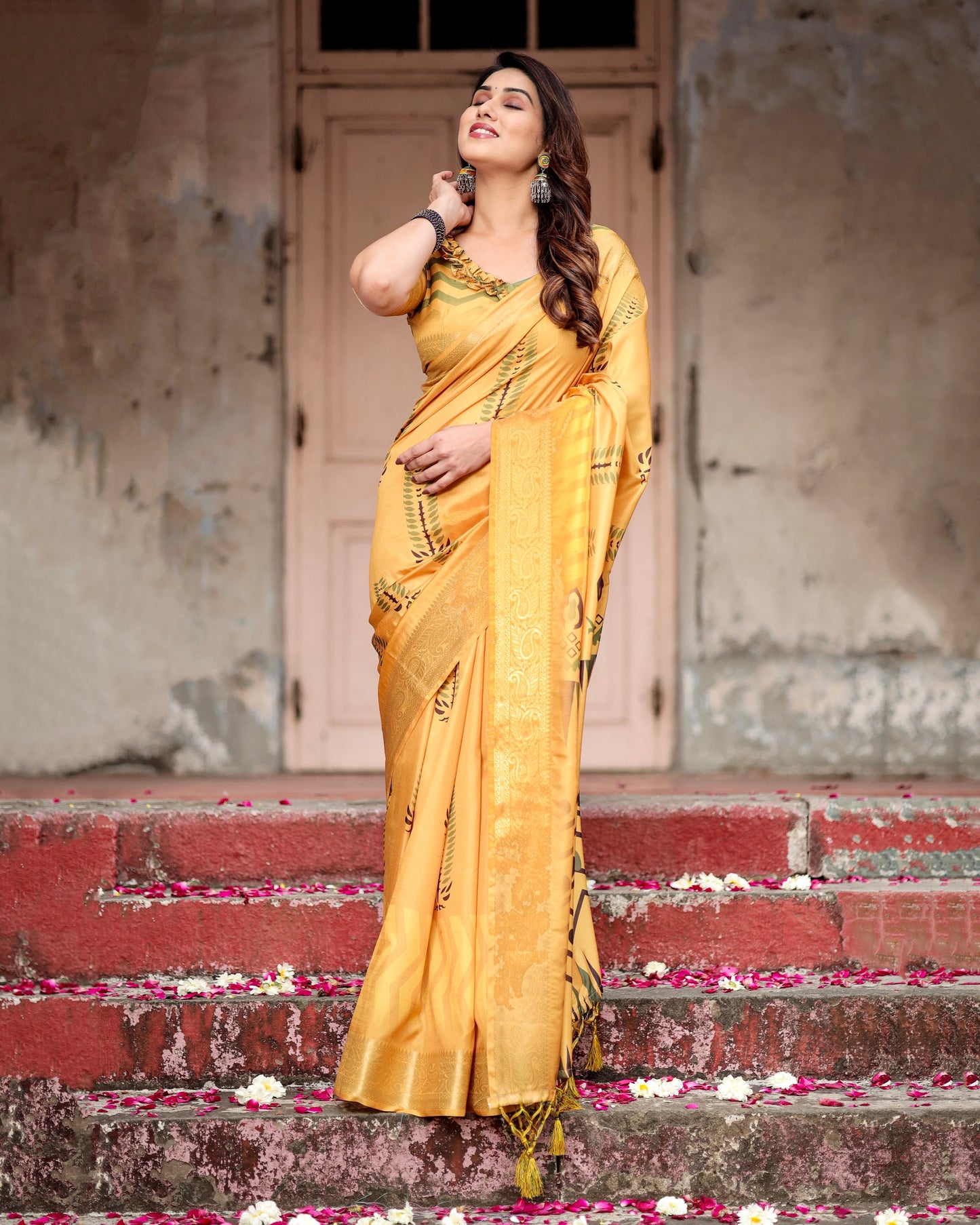 Pure Silk Yellow Color Digital Printed Haldi Occasions Wear Special Saree.