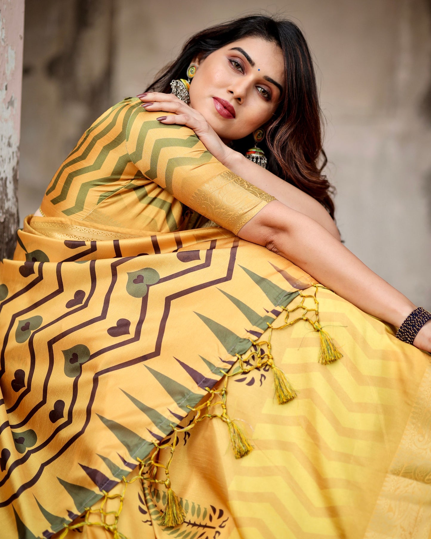 Pure Silk Yellow Color Digital Printed Haldi Occasions Wear Special Saree.