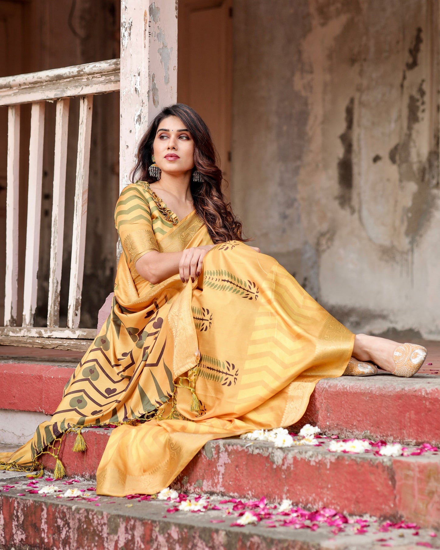 Pure Silk Yellow Color Digital Printed Haldi Occasions Wear Special Saree.