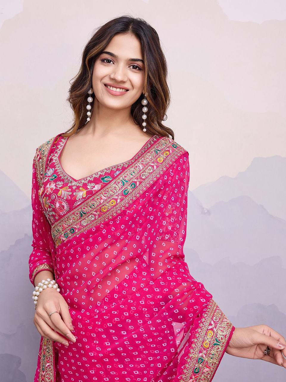 Wedding Functions Special Pink Bandhni Saree Collection.