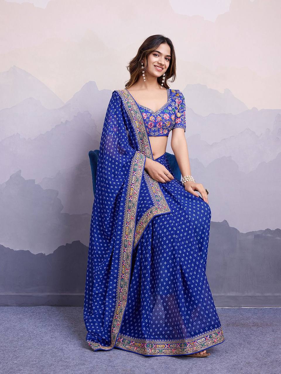 Latest Trending Designer Blue Bandhni Saree Collection.