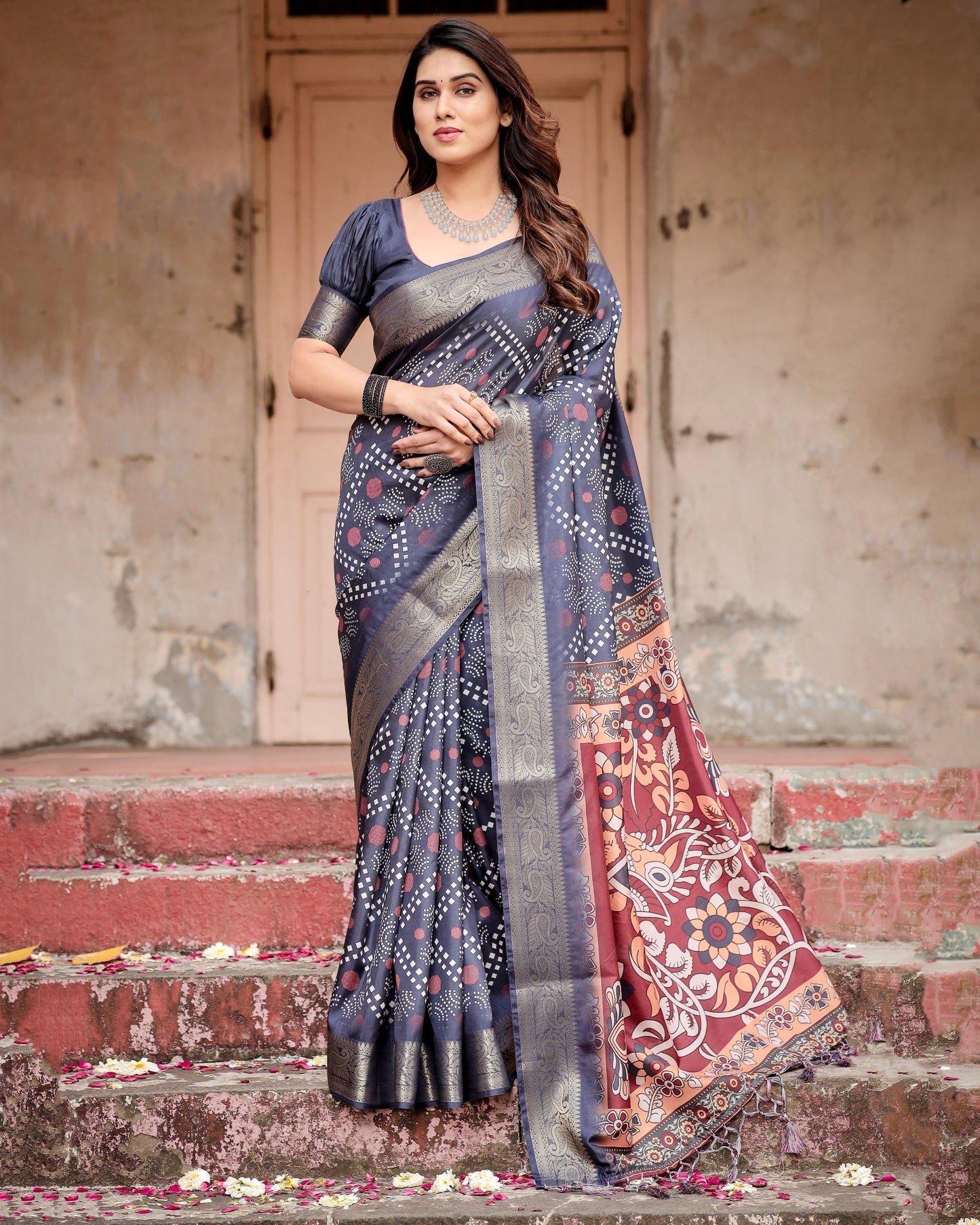 Navy Blue Colors Bandhni Style Pure Silk Saree.