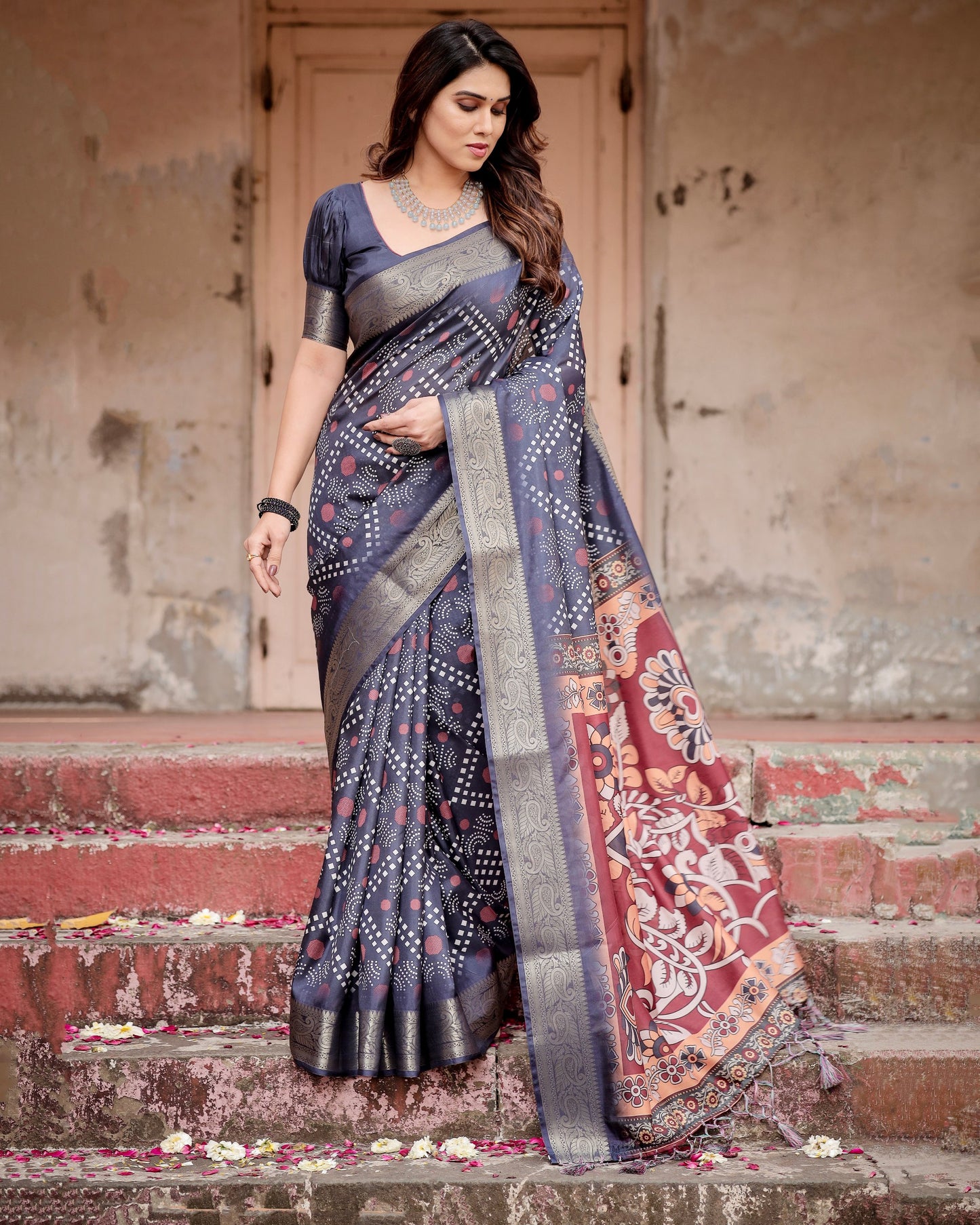 Navy Blue Colors Bandhni Style Pure Silk Saree.