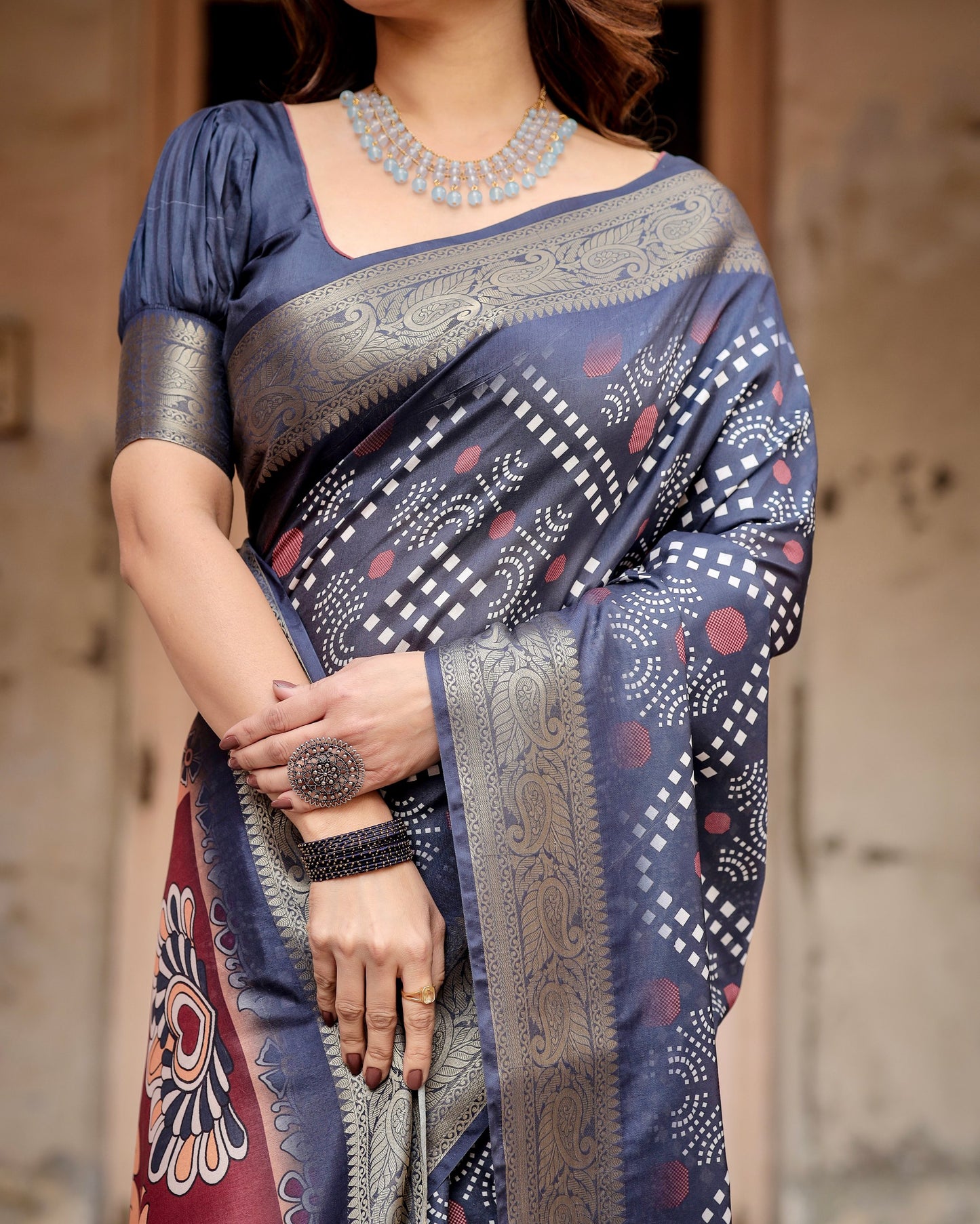 Navy Blue Colors Bandhni Style Pure Silk Saree.