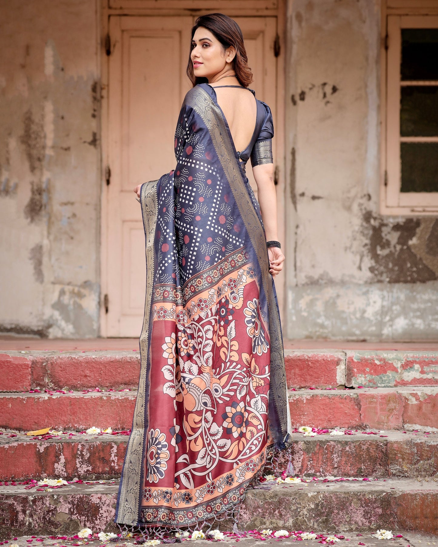 Navy Blue Colors Bandhni Style Pure Silk Saree.