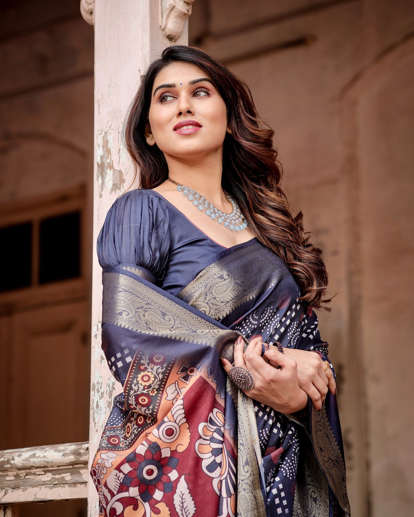 Navy Blue Colors Bandhni Style Pure Silk Saree.